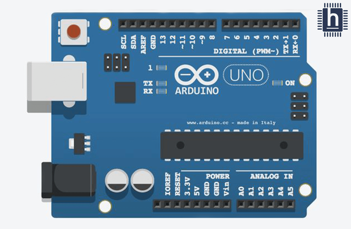 Görsel, Arduino Uno adlı bir mikrodenetleyici kartını göstermektedir. Kartın üzerinde dijital ve analog pinler, güç girişleri, USB bağlantı noktası ve reset düğmesi gibi bileşenler bulunmaktadır.